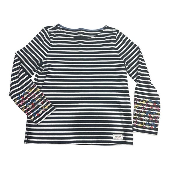 Talbots Embroidered Bateau Neck Tee size Large Fleur Stripe Blue White - Picture 1 of 9
